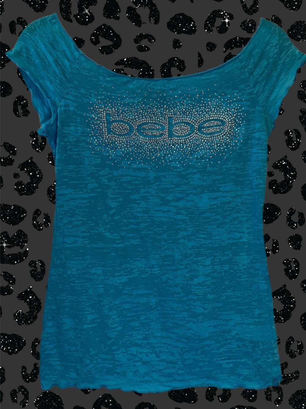 Bebe Turquoise Blue rhinestone off-shoulder logo top in Size Women’s Medium